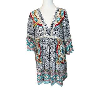 Umgee Boho Tunic Mixed Print Dress Small Lightweight V-Neck Geometric‎ Bohemian